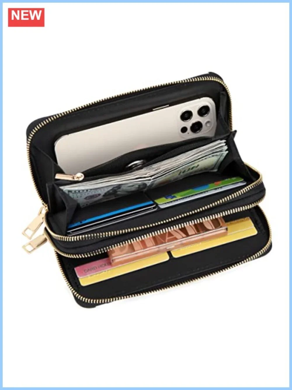 PU Leather Checkered Wallets for Women Double Zipper Large Capacity
